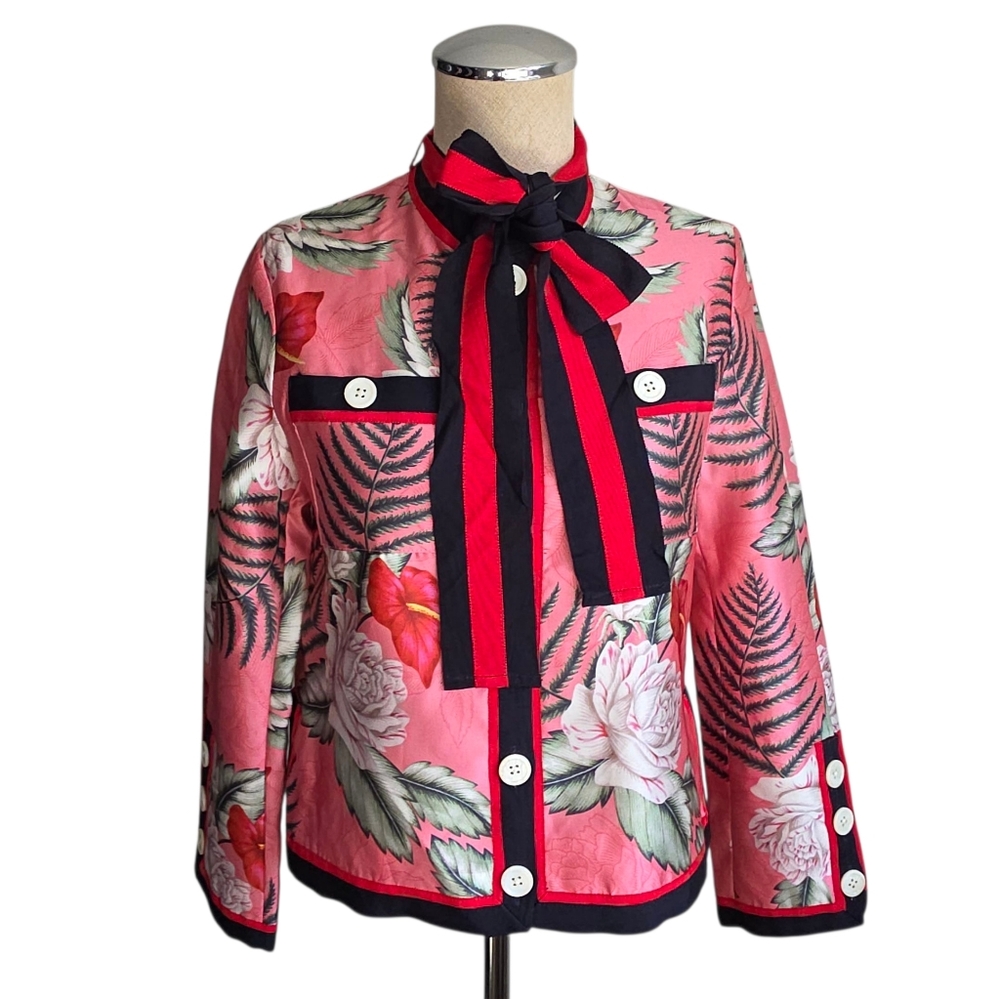 Floral Satin Statement Jacket with Bow Tie & Contrast Trim – Size S